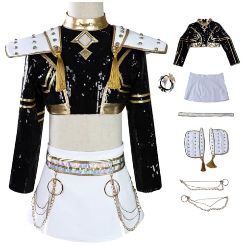 Hallojojo Mädchen Zoe Cosplay Kostüm Set Anime Demon Hunters Verkleidung Girl Group Zoe Uniform Schwarz Weihnachten Halloween Karneval Party Fancy Bühnenauftritt Kostüm Kinder Größe 110-150 von Hallojojo