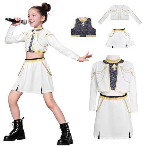 Hallojojo Mädchen Zoe Cosplay Kostüm Set Anime Demon Hunters Verkleidung Girl Group Zoe Uniform Weiß Weihnachten Halloween Karneval Party Fancy Bühnenauftritt Kostüm Kinder Größe 100-160 von Hallojojo