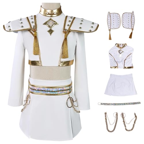 Hallojojo Mädchen Zoe Cosplay Kostüm Set Anime Demon Hunters Verkleidung Girl Group Zoe Uniform Weiß Weihnachten Halloween Karneval Party Fancy Bühnenauftritt Kostüm für Kinder Größe 110-150 von Hallojojo
