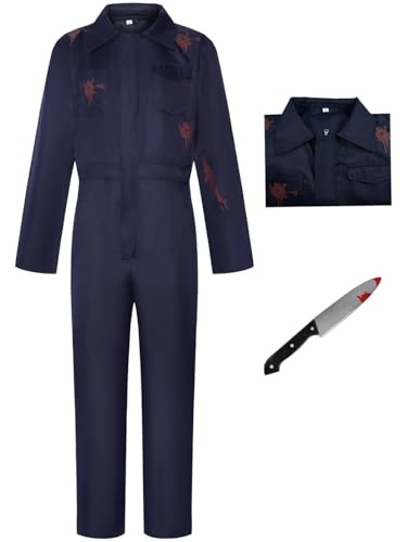 Hallojojo Michael Myers Cosplay Kostüm Overall mit Attrappen Messer Horror Killer Michael Verkleidung Grusel Halloween Kostüm Weihnachten Karneval Party Fancy Dress Erwachsene Unisex von Hallojojo