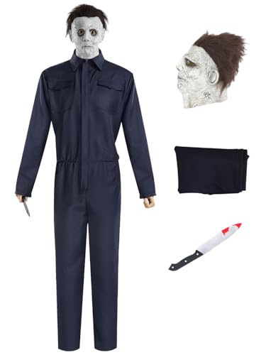 Hallojojo Michael Myers Cosplay Kostüm Overall mit Maske und Attrappen Messer Horrorfilm Killer Michael Verkleidung Grusel Halloween Kostüm Weihnachten Karneval Party Fancy Dress Erwachsene Unisex von Hallojojo
