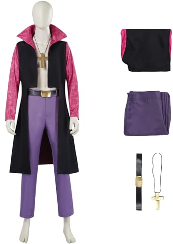 Hallojojo Mihawk Kostüm Herren Cosplay Anime Oka Shichibukai Dracule Mihawk Uniform Set Jacke Hose Gürtel mit Halskette für Fancy Dress Up Halloween Karneval Party Geburtstag Maskenball Verkleidung von Hallojojo