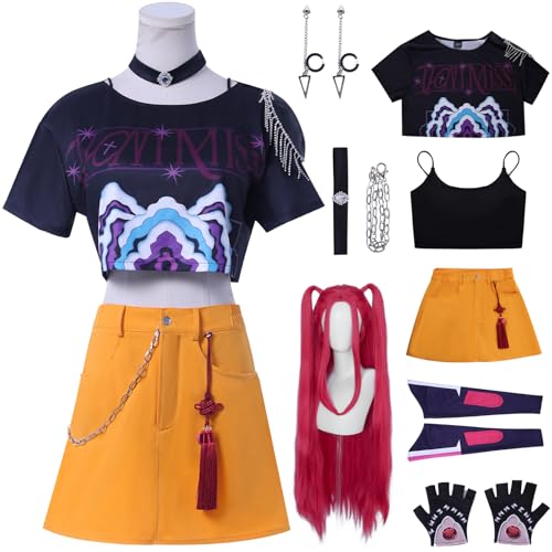 Hallojojo Mira Kostüm Damen Cosplay K-Pop Exorzist Girlgroup Mira Komplett Uniform Set mit Handschuhe Halskette Ohrringe und Perücke für Halloween Karneval Party Geburtstag Maskenball Verkleidung von Hallojojo