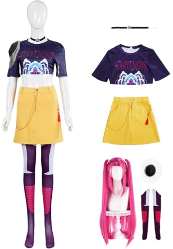 Hallojojo Mira Kostüm Damen Cosplay KPop Demon Girlgroup Mira Uniform Set Top Rock Strümpfe Halskette Zubehör und Perücke für Dress Up Halloween Karneval Party Geburtstag Maskenball Verkleidung von Hallojojo