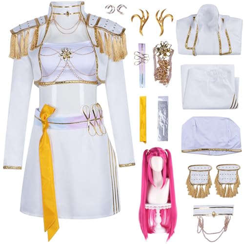 Hallojojo Mira Kostüm Damen Cosplay KPop Demon Hunters Mira Girlgroup Uniform Jacke Top Rock mit Zubehör und Perücke für Halloween Karneval Party Geburtstag Maskenball Anime Show Verkleidung, Weiß von Hallojojo