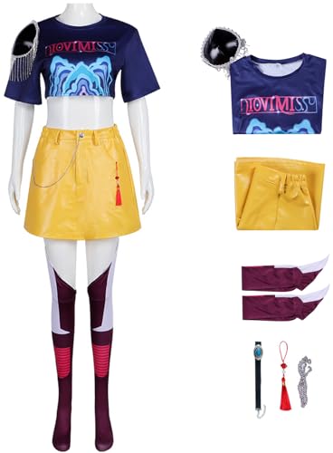 Hallojojo Mira Kostüm Damen Cosplay KPop Demon Hunters Mira Girlgroup Uniform Set Top Rock Socken mit Zubehör und Perücken für Dress Up Halloween Karneval Party Geburtstag Maskenball Verkleidung von Hallojojo