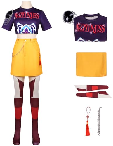 Hallojojo Mira Kostüm Damen Cosplay KPop Exorzist Girlgroup Mira Uniform Top Rock Socken Taillenkette Anhänger Set 6 Stück für Halloween Karneval Party Geburtstag Maskenball Anime Show Verkleidung von Hallojojo