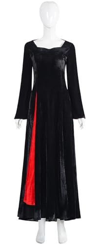Hallojojo Morticia Kostüm Damen Cosplay Mittwoch Staffel 2 Mama Morticia Schwarz Lang Gothic Samt Abendkleid für Fancy Dress Up Halloween Karneval Party Geburtstag Maskenball Ballkleid Verkleidung von Hallojojo