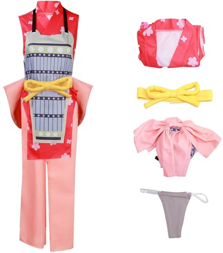 Hallojojo Nami Kostüm Damen Cosplay Anime Piraten Könige Nami Deluxe Rosa Druck Kampf Kimono und Unterhose Schürze Bund Schleife Set für Fancy Dress Up Halloween Karneval Party Maskerade Verkleidung von Hallojojo