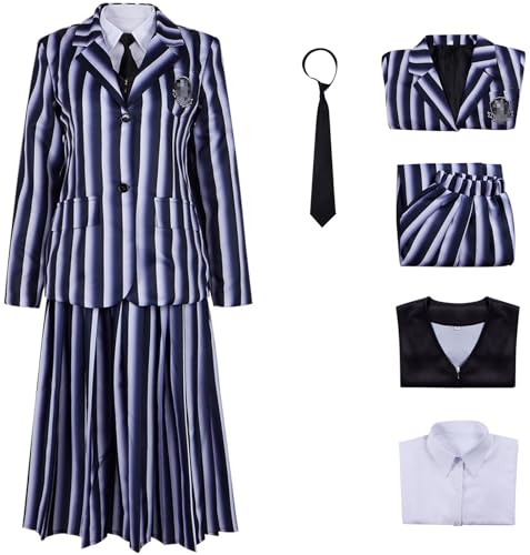Hallojojo Nevermore Academy Kostüm Damen Cosplay Staffel 2 Mittwoch Nevermore Schuluniform Set Jacke Weste Hemd Rock Krawatte und Perücke für Halloween Karneval Party Geburtstag Maskenball Verkleidung von Hallojojo