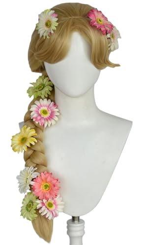 Hallojojo Rapunzel Cosplay Perücken Damen Gold 86CM Lang Pferdeschwanz Kostümperücke mit Blume Verkleidung Rapunzel Halloween Karneval Party Maskenball Prinzessin Zubehör Wig von Hallojojo