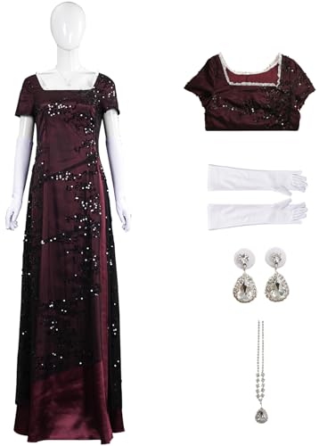 Hallojojo Rose Kostüm Damen Cosplay Titanic Rose Vintage Lange Pailletten Abendkleid mit Handschuhe Halskette Ohrringe Set für Fancy Dress Up Halloween Karneval Party Maskenball Ballkleid Verkleidung von Hallojojo