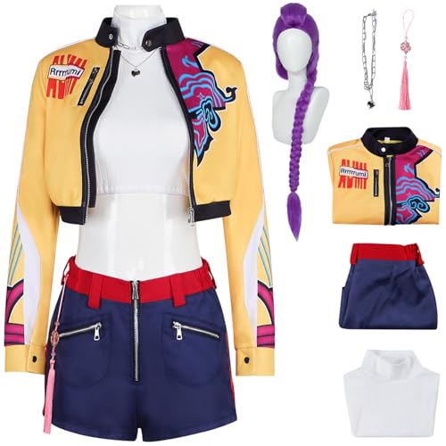 Hallojojo Rumi‌ Kostüm Damen Cosplay KPop Demon Girlgroup Rumi‌ Komplett Uniform Set Jacke Top Hose mit Halskette Anhänger und Perücke für Halloween Karneval Party Geburtstag Maskenball Verkleidung von Hallojojo