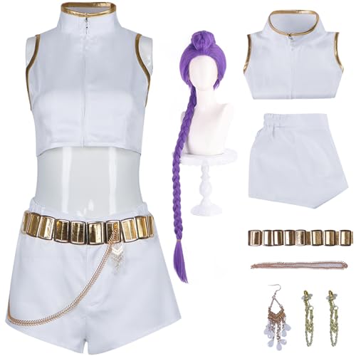 Hallojojo Rumi‌ Kostüm Damen Cosplay KPop Demon Hunters Rumi‌ Girlgroup Uniform Jacke Top Hose mit Zubehör und Perücke für Halloween Karneval Party Geburtstag Maskenball Anime Show Verkleidung, Weiß von Hallojojo