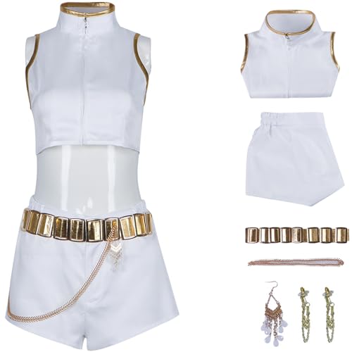 Hallojojo Rumi‌ Kostüm Damen Cosplay KPop Demon Hunters Rumi‌ Girlgroup Uniform Jacke Top Hose mit Zubehör und Perücke für Halloween Karneval Party Geburtstag Maskenball Anime Show Verkleidung, Weiß von Hallojojo