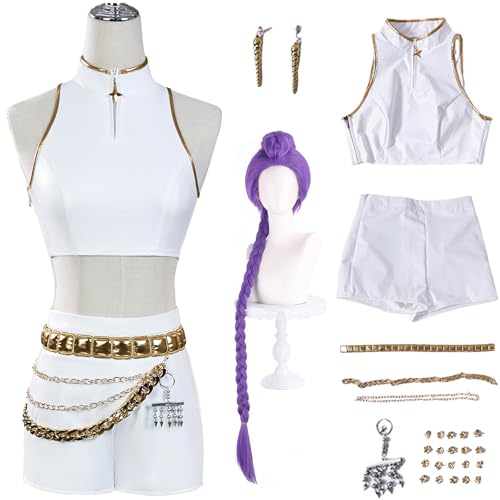 Hallojojo Rumi Kostüm Damen Cosplay KPop Demon Hunters Rumi Weiß Girlgroup Uniform Set Top Hose mit Zubehör und Perücke für Halloween Karneval Party Geburtstag Maskenball Anime Show Verkleidung von Hallojojo