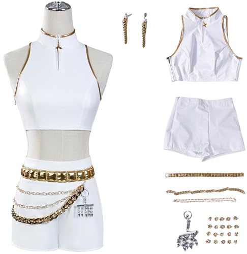 Hallojojo Rumi Kostüm Damen Cosplay KPop Demon Hunters Rumi Weiß Girlgroup Uniform Set Top Hose mit Zubehör und Perücke für Halloween Karneval Party Geburtstag Maskenball Anime Show Verkleidung von Hallojojo