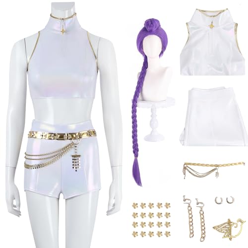 Hallojojo Rumi Kostüm Damen Cosplay KPop Demon Hunters Rumi Weiß Girlgroup Uniform Set Top Rock mit Zubehör und Perücke für Fancy Dress Up Halloween Karneval Party Geburtstag Maskenball Verkleidung von Hallojojo