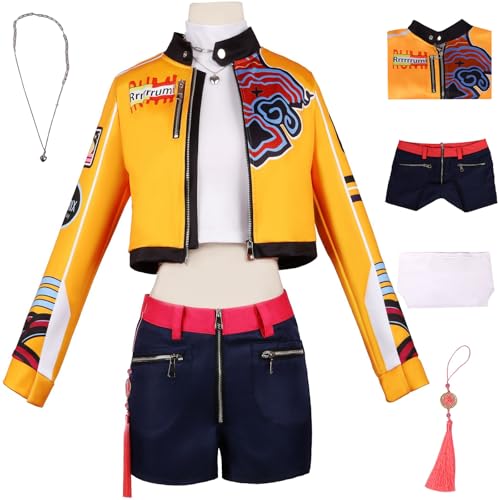 Hallojojo Rumi Kostüm Damen Cosplay KPop Exorzist Girlgroup Rumi Uniform Jacke Top Hose Kette Anhänger Set 5 Stück für Dress Up Halloween Karneval Party Geburtstag Maskenball Anime Show Verkleidung von Hallojojo