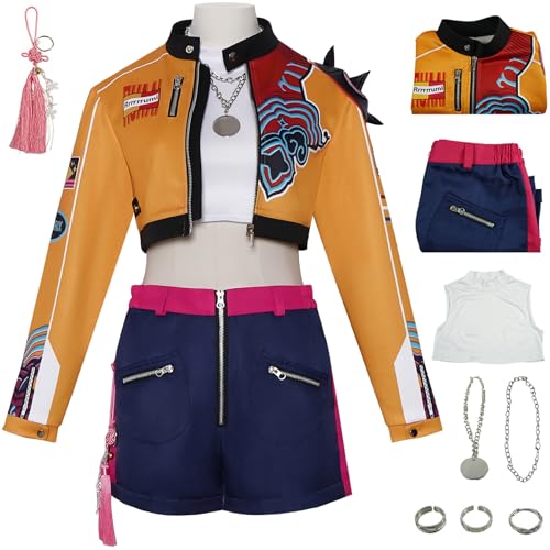 Hallojojo Rumi Kostüm Damen Cosplay KPop Exorzist Girlgroup Rumi Uniform Set Jacke Top Hose Ring Halskette Anhänger für Dress Up Halloween Karneval Party Geburtstag Maskenball Anime Show Verkleidung von Hallojojo