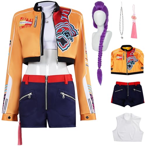Hallojojo Rumi Kostüm Damen Cosplay KPop Exorzist Girlgroup Rumi Uniform Set Jacke Top Hose mit Halskette Anhänger und Perücke für Dress Up Halloween Karneval Party Geburtstag Maskenball Verkleidung von Hallojojo