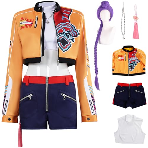 Hallojojo Rumi Kostüm Damen Cosplay KPop Exorzist Girlgroup Rumi Uniform Set Jacke Top Hose mit Halskette Anhänger und Perücke für Dress Up Halloween Karneval Party Geburtstag Maskenball Verkleidung von Hallojojo