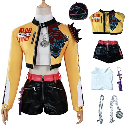 Hallojojo Rumi Kostüm Damen Cosplay Kpop Exorzist Girlgroup Rumi Uniform Jacke Top Hose Halskette Anhänger Set für Dress Up Halloween Karneval Party Geburtstag Maskenball Anime Show Verkleidung von Hallojojo