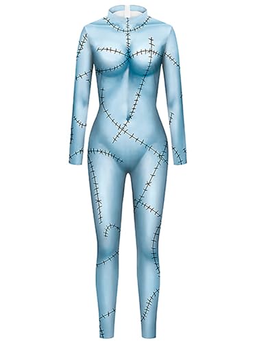 Hallojojo Sally Kostüm Damen Halloween Cosplay Outfit Jack Skellington Verkleidung Sally Kleid Jumpsuit Skelett Braut Kleid Gothic Weihnachten Halloween Karneval Party Bühnenauftritt Kostüm von Hallojojo