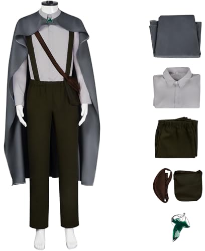 Hallojojo Sam Kostüm Herren Fasching Cosplay Hobbits Sam Gamgee Komplett Uniform Set Kapuzencape Hemd Hose Brosche Tasche für Fancy Dress Up Halloween Karneval Party Geburtstag Maskerade Verkleidung von Hallojojo