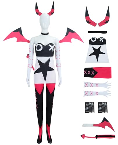 Hallojojo Verosika Cosplay Kostüm Set mit Flügeln und Schwanz Anime Hazbin Hotel Verkleidung Helluva Boss Verosika Mayday Uniform Weihnachten Halloween Karneval Party Fancy Kostüm Erwachsene von Hallojojo