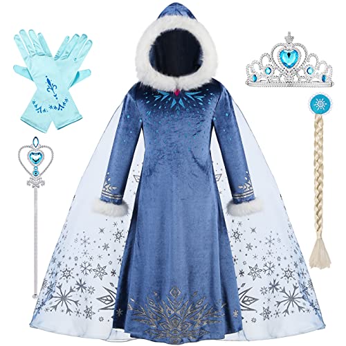 Hallojojo Winter ELSA Kleid mit Kapuze Mädchen Prinzessin Eiskönigin kostüm Kinder Schneekönigin Verkleidung Geburtstag Party Halloween Weihnachten Karneval Cosplay Krone Diadem Handschuhe Zauberstab von Hallojojo