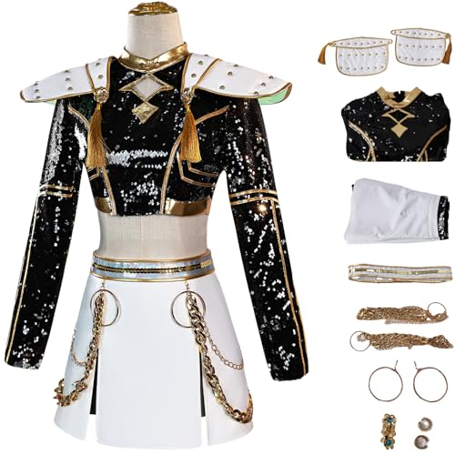 Hallojojo Zoey Kostüm Damen Cosplay KPop Demon Hunters Zoey Schwarz Girlgroup Uniform Set Top Rock mit Zubehör für Fancy Dress Up Halloween Karneval Party Geburtstag Maskenball Anime Show Verkleidung von Hallojojo