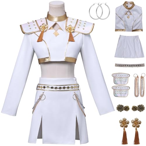 Hallojojo Zoey Kostüm Damen Cosplay KPop Demon Hunters Zoey Weiß Girlgroup Uniform Set Top Rock mit Zubehör für Fancy Dress Up Halloween Karneval Party Geburtstag Maskenball Anime Show Verkleidung von Hallojojo