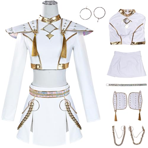 Hallojojo Zoey Kostüm Damen Cosplay KPop Demon Hunters Zoey Weiß Girlgroup Uniform Set Top Rock mit Zubehör und Perücke für Halloween Karneval Party Geburtstag Maskenball Anime Show Verkleidung von Hallojojo