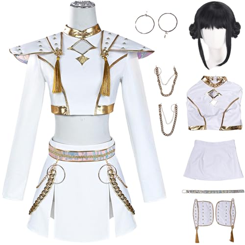 Hallojojo Zoey Kostüm Damen Cosplay KPop Demon Hunters Zoey Weiß Girlgroup Uniform Set Top Rock mit Zubehör und Perücke für Halloween Karneval Party Geburtstag Maskenball Anime Show Verkleidung von Hallojojo