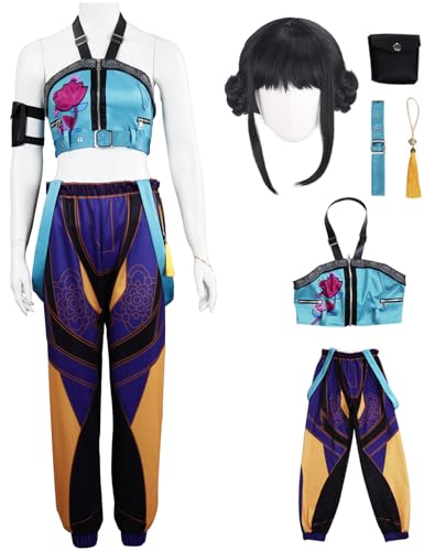 Hallojojo Zoey Kostüm Damen Cosplay KPop Exorzist Girlgroup Zoey Uniform Set Top Hose Gürtel Tasche Anhänger und Perücke für Fancy Dress Up Halloween Karneval Party Geburtstag Maskenball Verkleidung von Hallojojo