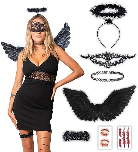Schwarzer Engel Kostüm - Halloween Kostüm Damen - Erwachsene & Teenager Eine Größe passt allen – 2023 Trending Kostüm von Halloweenmania