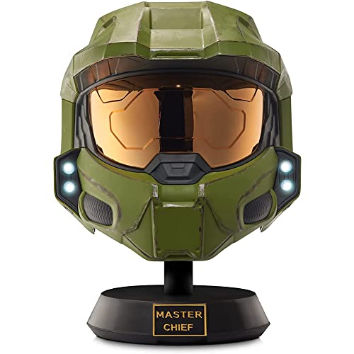 Halo Master Chief Deluxe Helm mit Ständer – LED-Leuchten auf jeder Seite – Kampf beschädigte Farbe – Einheitsgröße – bauen Sie Ihr Universum auf von Halo