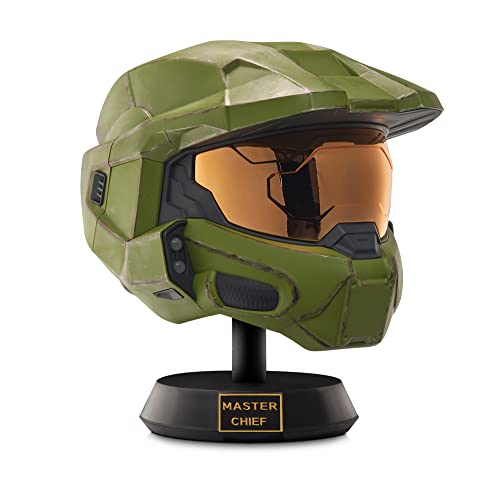 Halo Master Chief Deluxe Helm mit Ständer – LED-Leuchten auf jeder Seite – Kampf beschädigte Farbe – Einheitsgröße – bauen Sie Ihr Universum auf von Halo