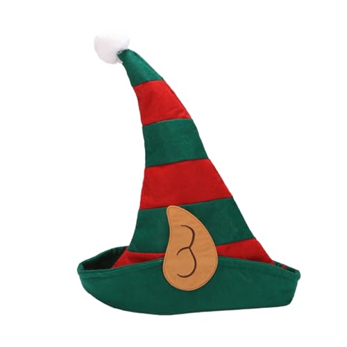 Haloppe Elfenhut mit Ohren, gestreift, spitz, für Weihnachten, Halloween, Partys, Vliesstoff, Kostümzubehör, weißer Pompon, leuchtend rot, grün von Haloppe