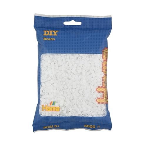 Hama Perlen 201-01 Bügelperlen Beutel mit ca. 3.000 bunten Midi Bastelperlen mit Durchmesser 5 mm in Weiß, kreativer Bastelspaß für Kinder ab 5 Jahren von Hama