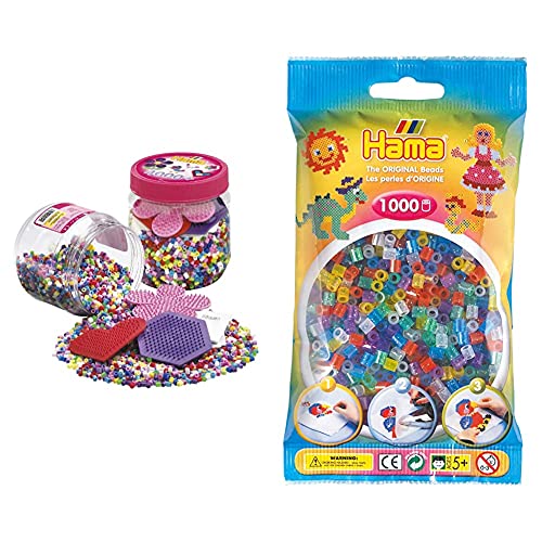 Hama Perlen 2051 Bügelperlen Dose mit ca. 4.000 bunten Midi Bastelperlen mit Durchmesser 5 mm Farben Mix & Bügelperlen Beutel mit ca. 1.000 bunten Midi Bastelperlen mit Durchmesser 5 mm Glitter Mix von Hama Perlen