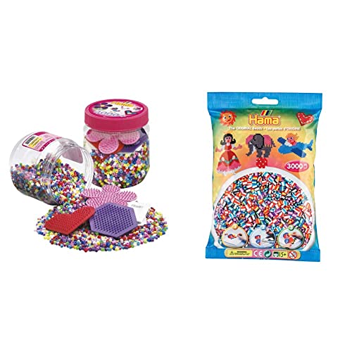 Hama Perlen 2051 Bügelperlen Dose mit ca. 4.000 bunten Midi Bastelperlen mit Durchmesser 5 mm & 201-90 Bügelperlen Beutel mit ca. 3.000 bunten Midi Bastelperlen mit Durchmesser 5 mm im Mix gestreift von Hama