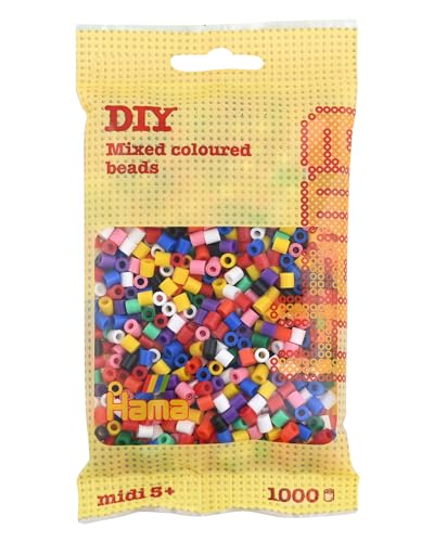 Hama Perlen 207-00 Bügelperlen Beutel mit ca. 1.000 bunten Midi Bastelperlen mit Durchmesser 5 mm im Volltonfarben Mix, kreativer Bastelspaß für Groß und Klein von Hama