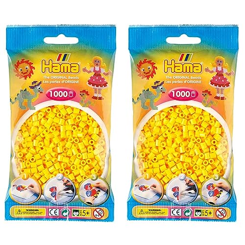Hama Perlen 207-03 Bügelperlen Beutel mit ca. 1.000 Midi Bastelperlen mit Durchmesser 5 mm in Gelb, kreativer Bastelspaß für Groß und Klein (Packung mit 2) von Hama