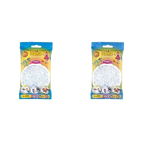 Hama Perlen 207-19 Bügelperlen Beutel mit ca. 1.000 Midi Bastelperlen mit Durchmesser 5 mm in transparent Weiß, kreativer Bastelspaß für Groß und Klein (Packung mit 2) von Hama Perlen