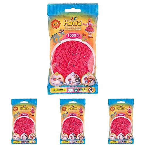 Hama Perlen 207-32 Bügelperlen Beutel mit ca. 1.000 Midi Bastelperlen mit Durchmesser 5 mm in Neon Pink, kreativer Bastelspaß für Groß und Klein (Packung mit 4) von Hama