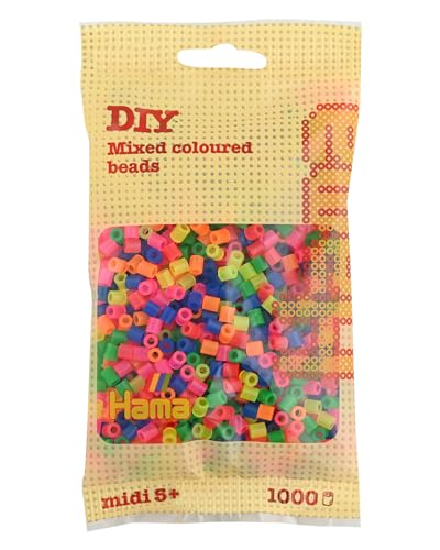 Hama Perlen 207-51 Bügelperlen Beutel mit ca. 1.000 bunten Midi Bastelperlen mit Durchmesser 5 mm im Neon Mix, kreativer Bastelspaß für Groß und Klein von Hama