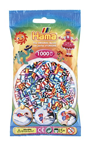 Hama Perlen 207-90 Bügelperlen Beutel mit ca. 1.000 Midi Bastelperlen mit Durchmesser 5 mm im Mix gestreift, kreativer Bastelspaß für Groß und Klein von Hama