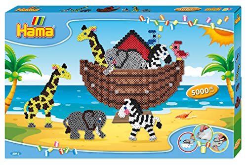 Hama Perlen 3045 Geschenk-Set Arche Noah mit ca. 5.000 bunten Midi Bügelperlen mit Durchmesser 5 mm, Motivvorlagen und 5 Stiftplatten, inkl. Bügelpapier, kreativer Bastelspaß für Groß und Klein von Hama Perlen